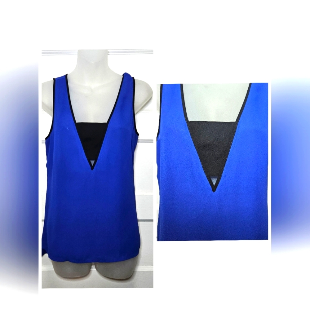 Express Royal Blue With Faux Black Bandau Double V-neck Cutout Tank Sz XS